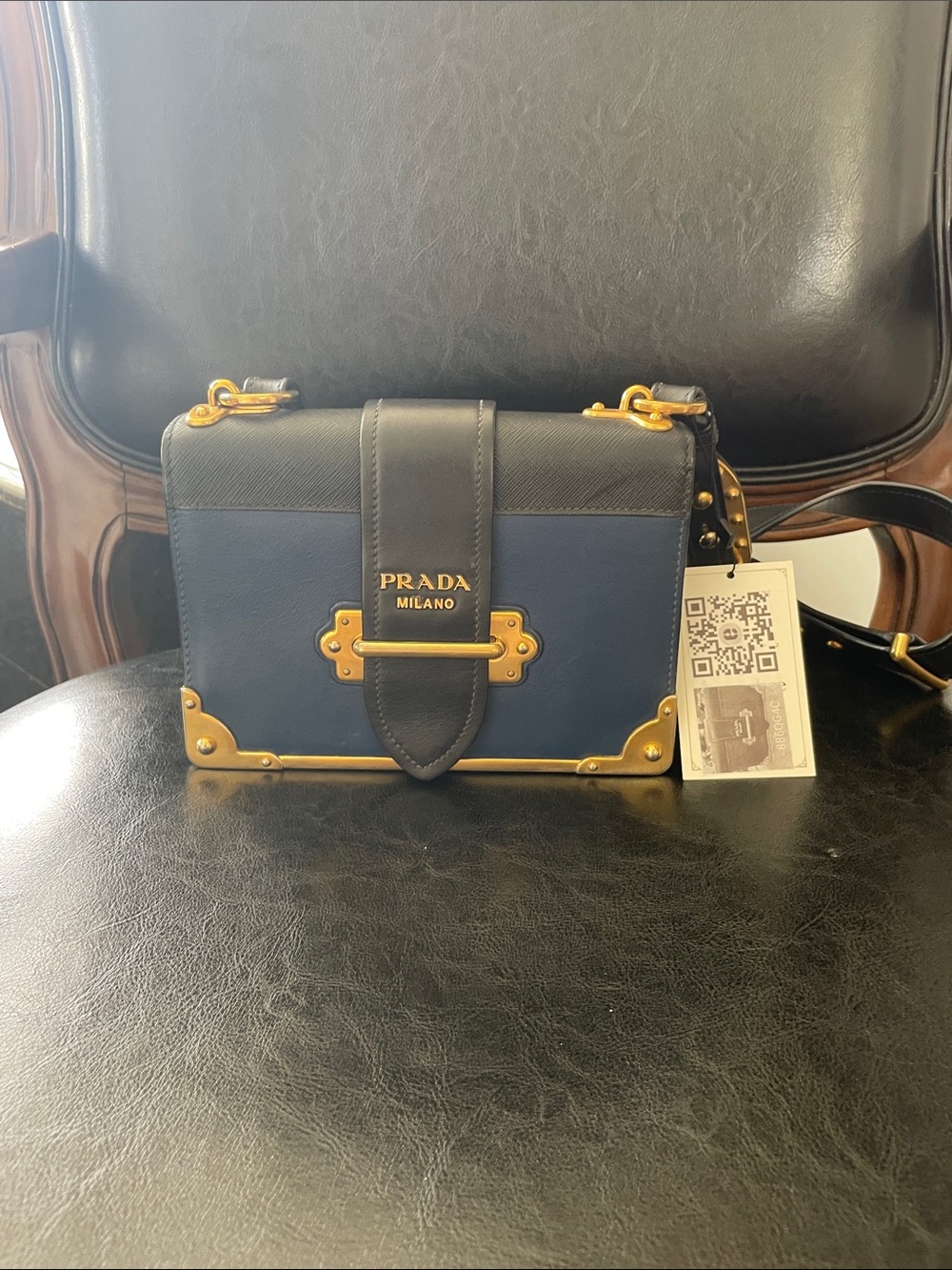 Prada Navy and Black Leather Box-Style Messenger with Gold Hardware